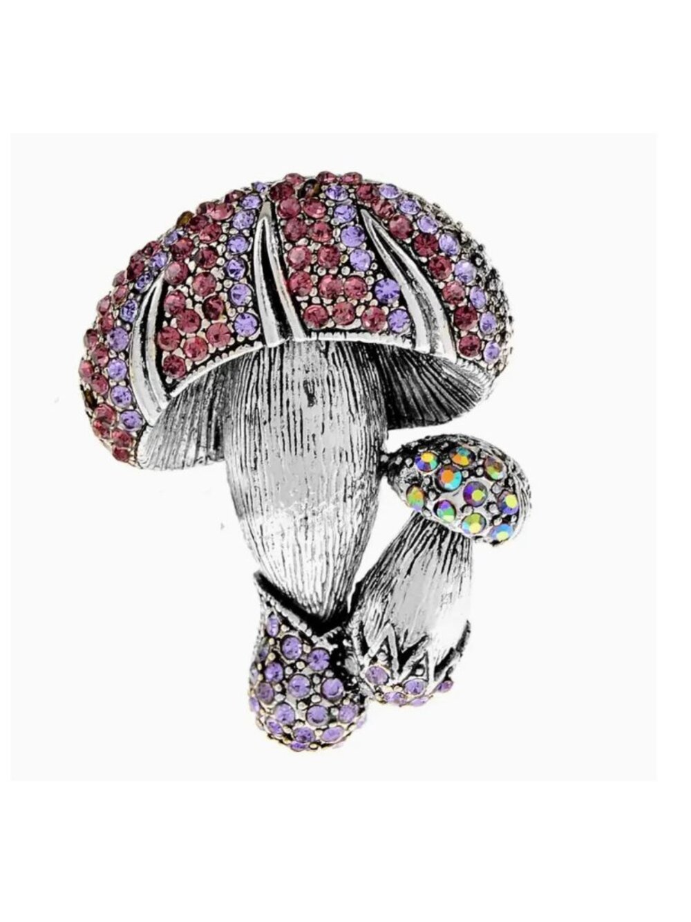Mushroom Brooch with Purple Crystals Silver Tone